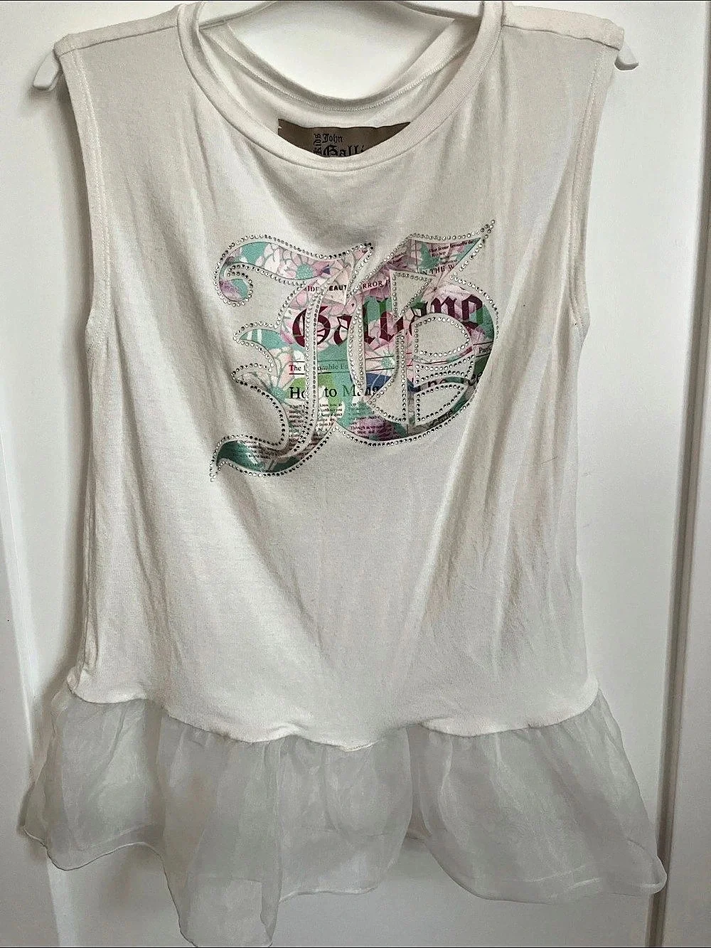 John Galliano Abstract Rhinestone Graphic Girl’s Tank Top White